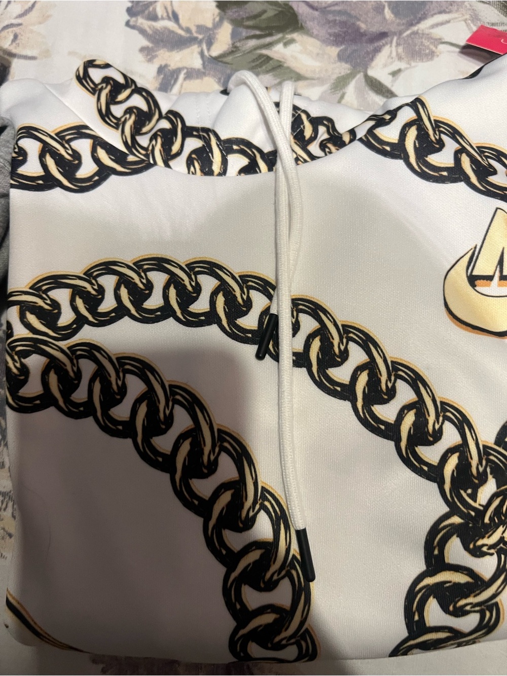Nike White Hoodie with Black and Gold Chain Print